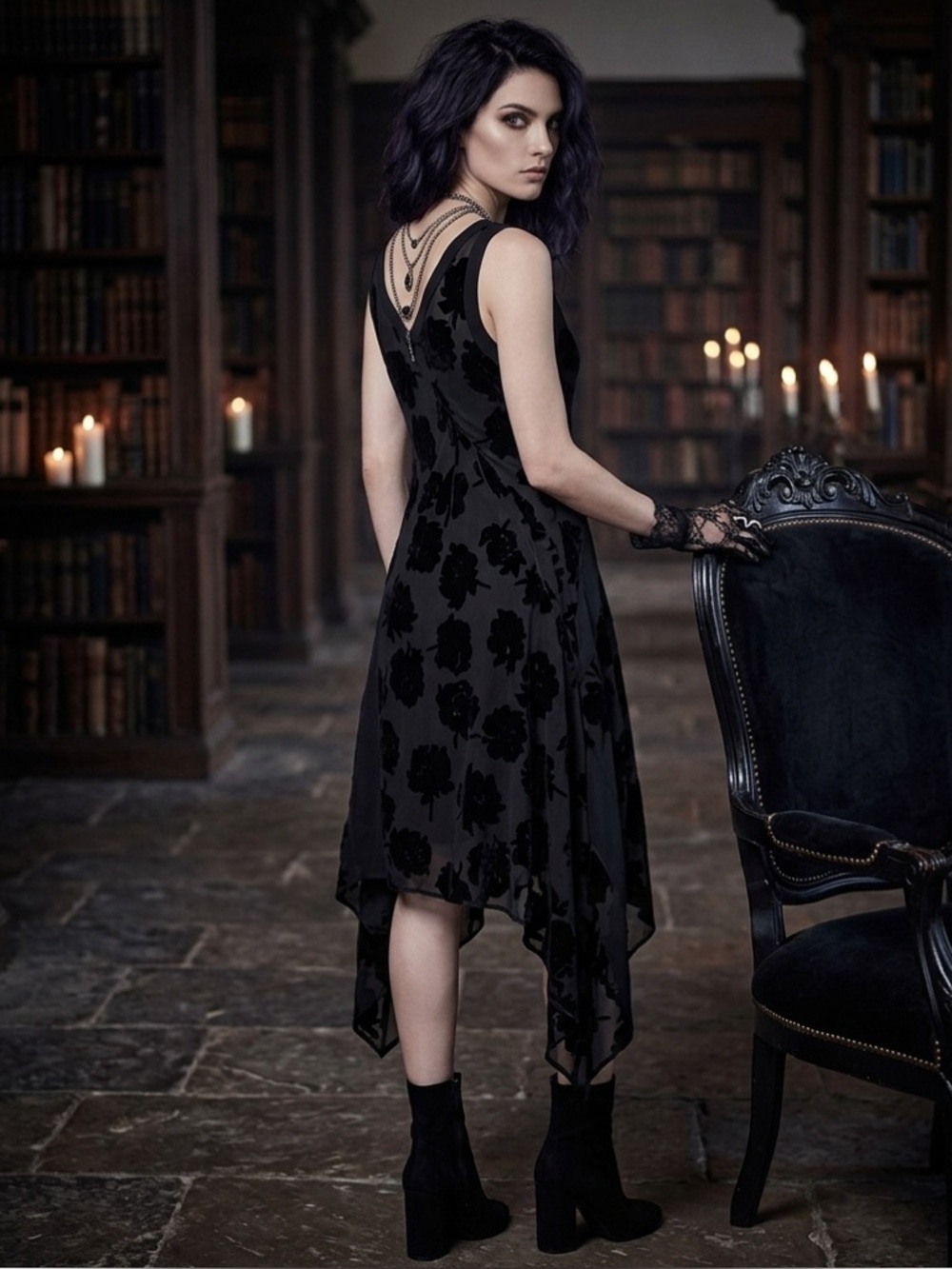 DKNY Burnout Velvet Flower Asymmetrical Handkerchief Midi Dress S Black Goth